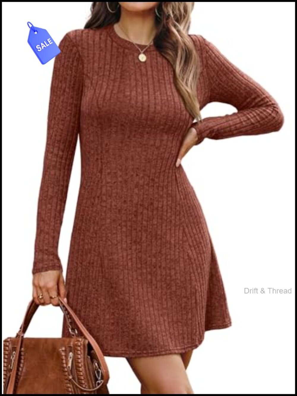 Ribbed Knit Long Sleeve Crew Neck Sweater Dress Bodycon A-Line Knee Length